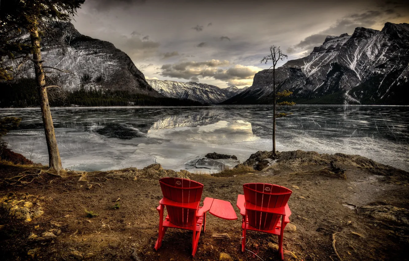 Photo wallpaper mountains, lake, the evening, chairs