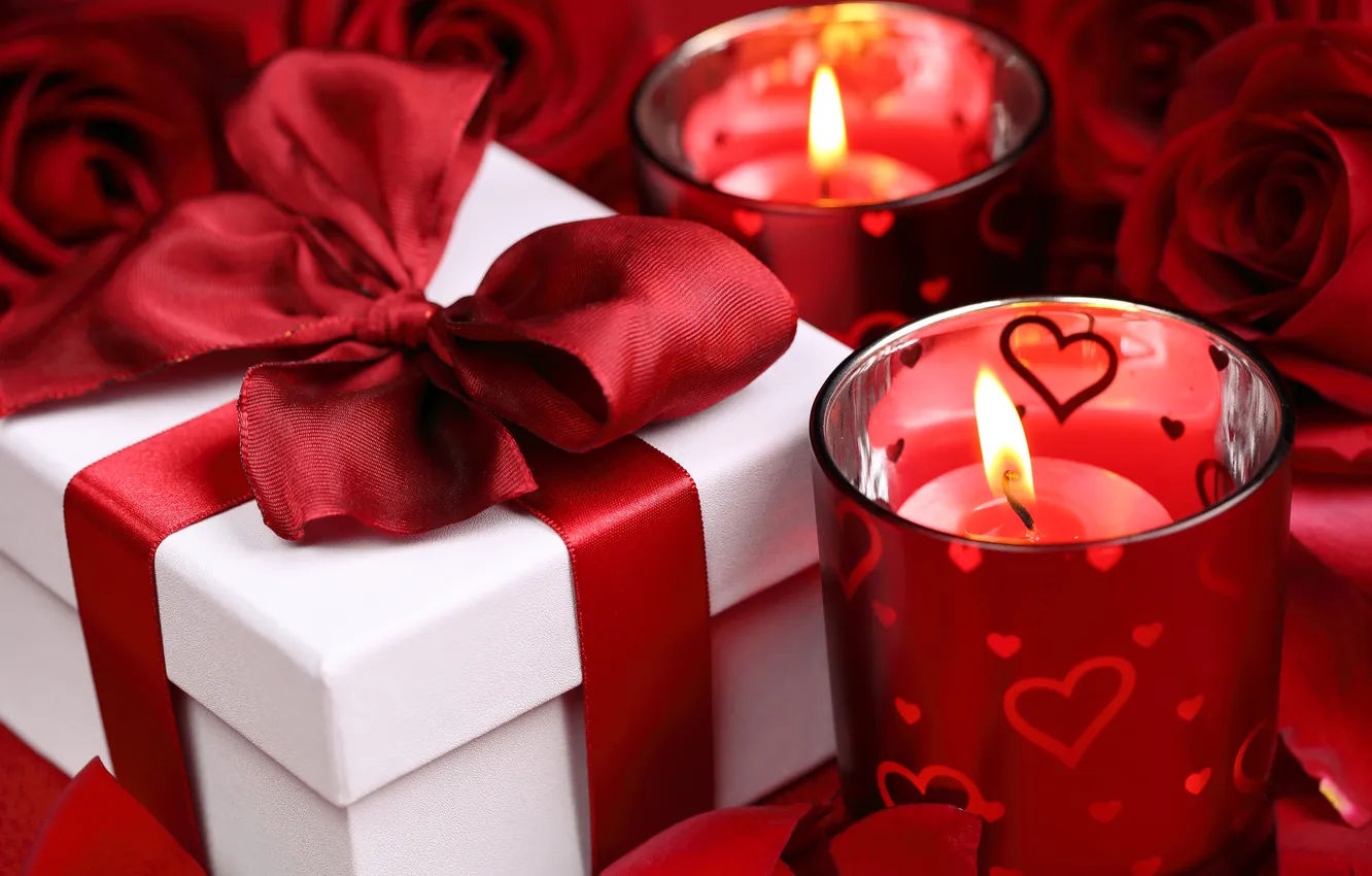 Photo wallpaper gift, roses, candles, tape, red, bow, Valentine`s day, gift