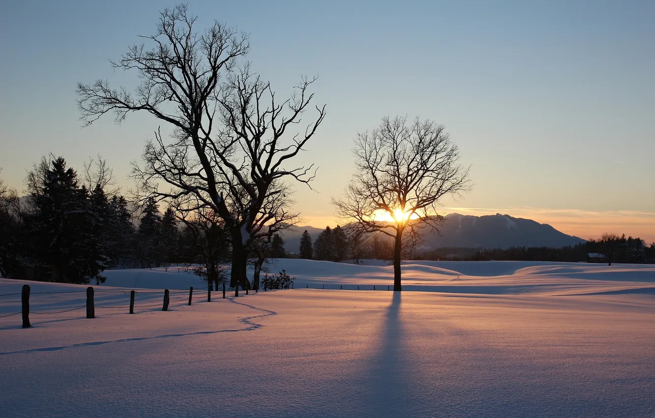 Photo wallpaper winter, field, the sky, landscape, sunset, nature
