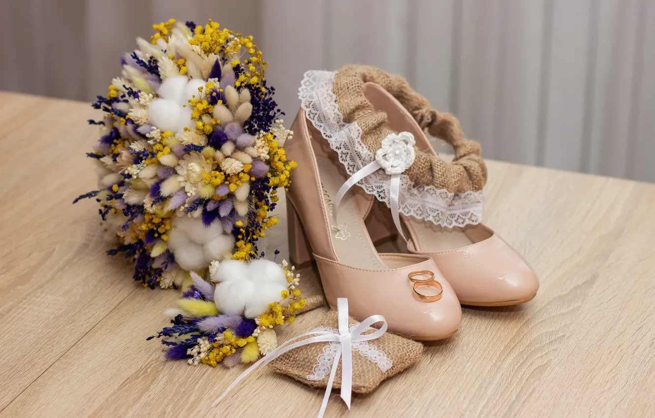 Photo wallpaper bouquet, ring, shoes, wedding, garter