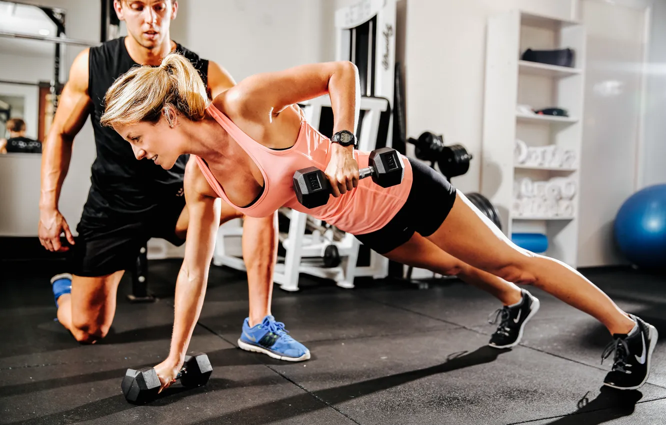 Photo wallpaper pose, fitness, coach, dumbbell