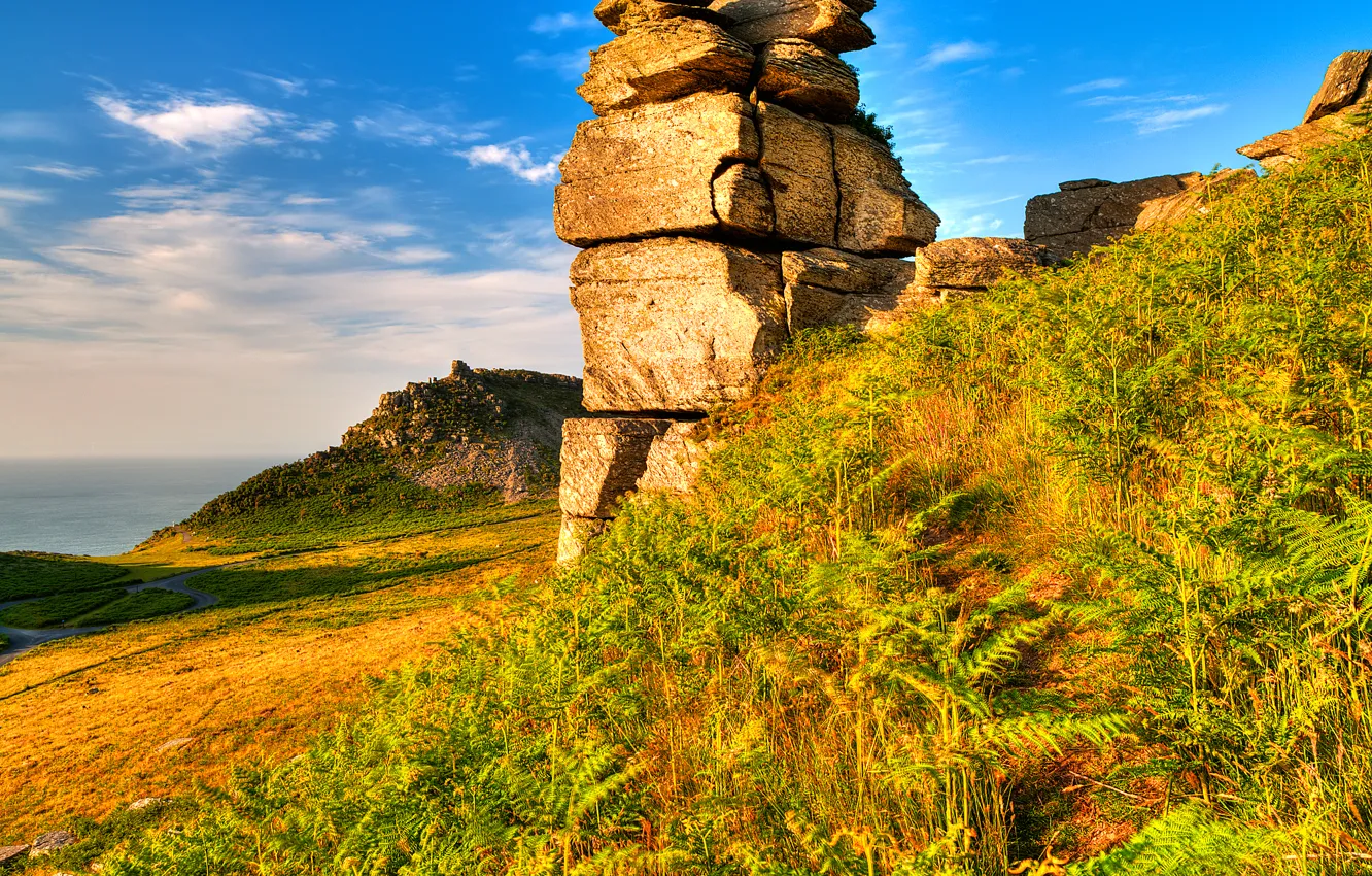 Photo wallpaper the sky, grass, clouds, mountains, rocks, Exmoor, Exmoor
