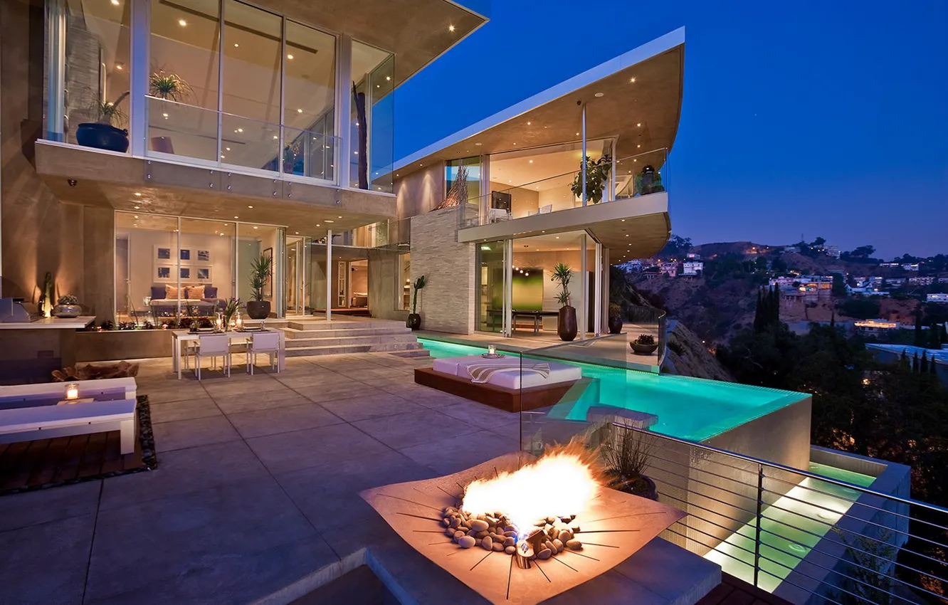 Photo wallpaper design, the city, style, Villa, the evening, pool, lighting, architecture