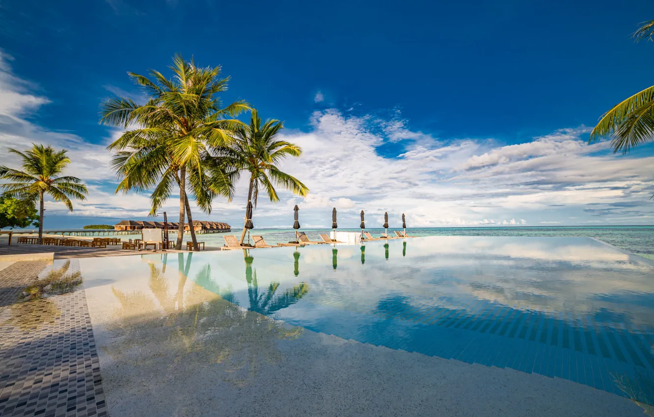 Photo wallpaper sea, beach, summer, the sky, reflection, blue, palm trees, umbrella