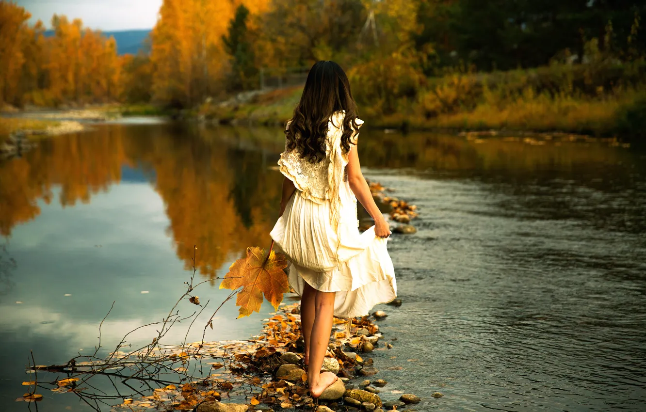 Photo wallpaper girl, river, stones, dress, Lichon