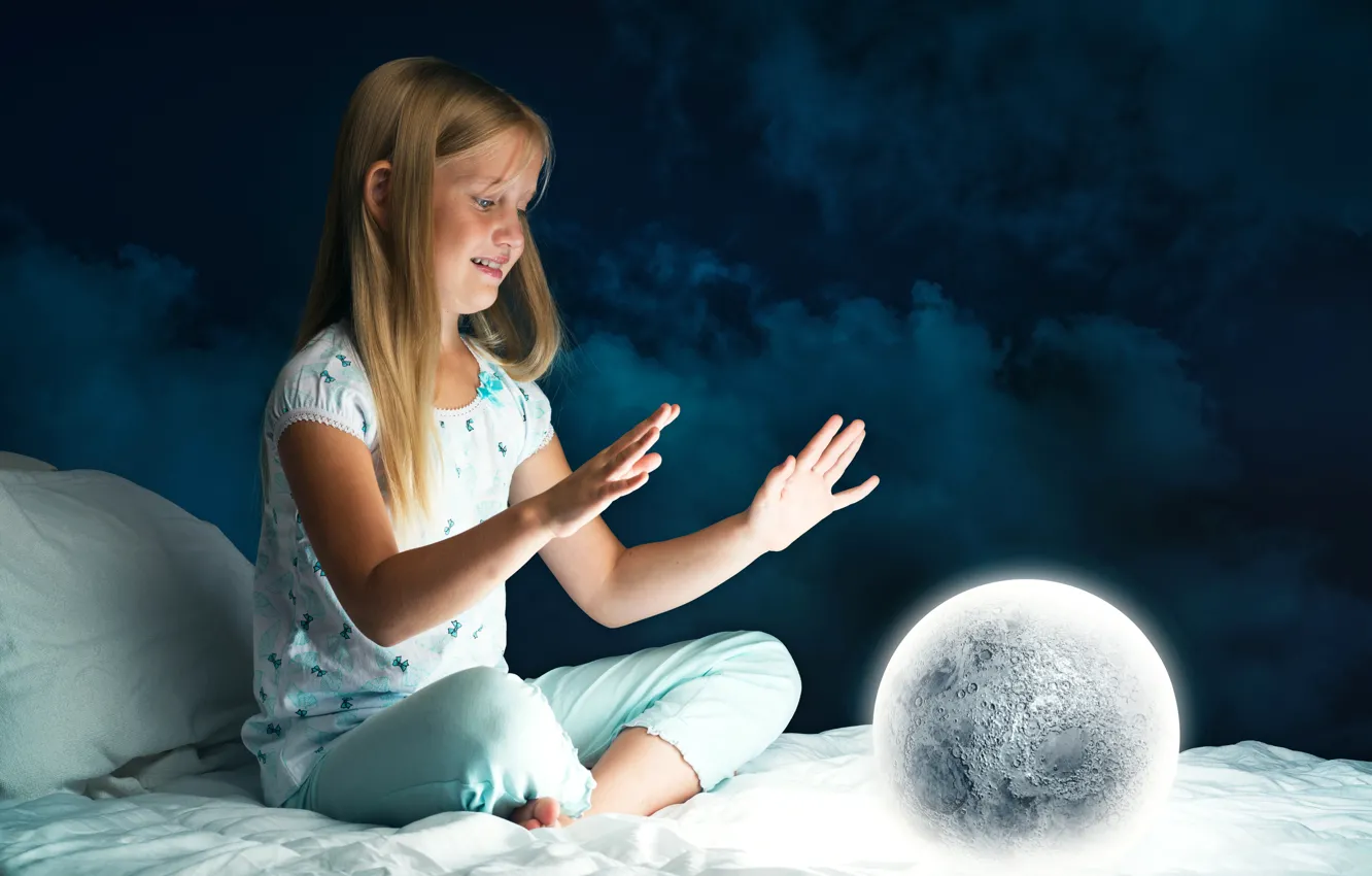 Photo wallpaper night, the moon, bed, ball, child, hands, girl, Bed