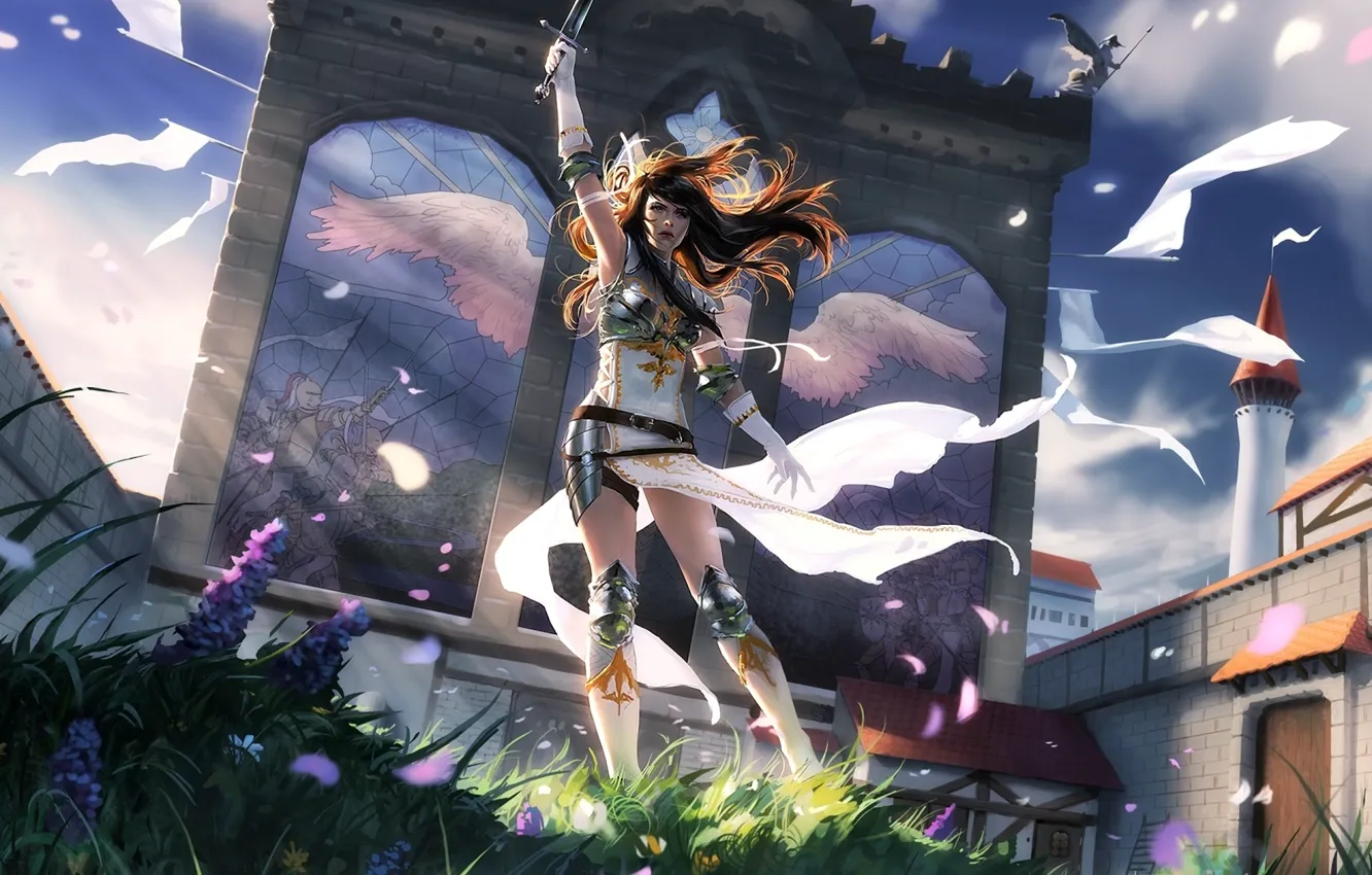 Photo wallpaper girl, flowers, castle, the wind, the building, wings, sword, Magic The Gathering