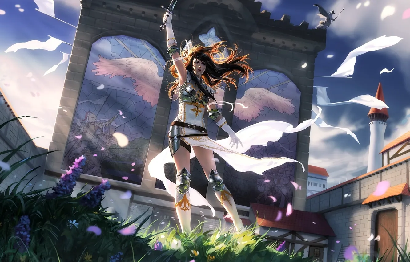 Photo wallpaper girl, flowers, castle, the wind, building, wings, sword, Magic The Gathering