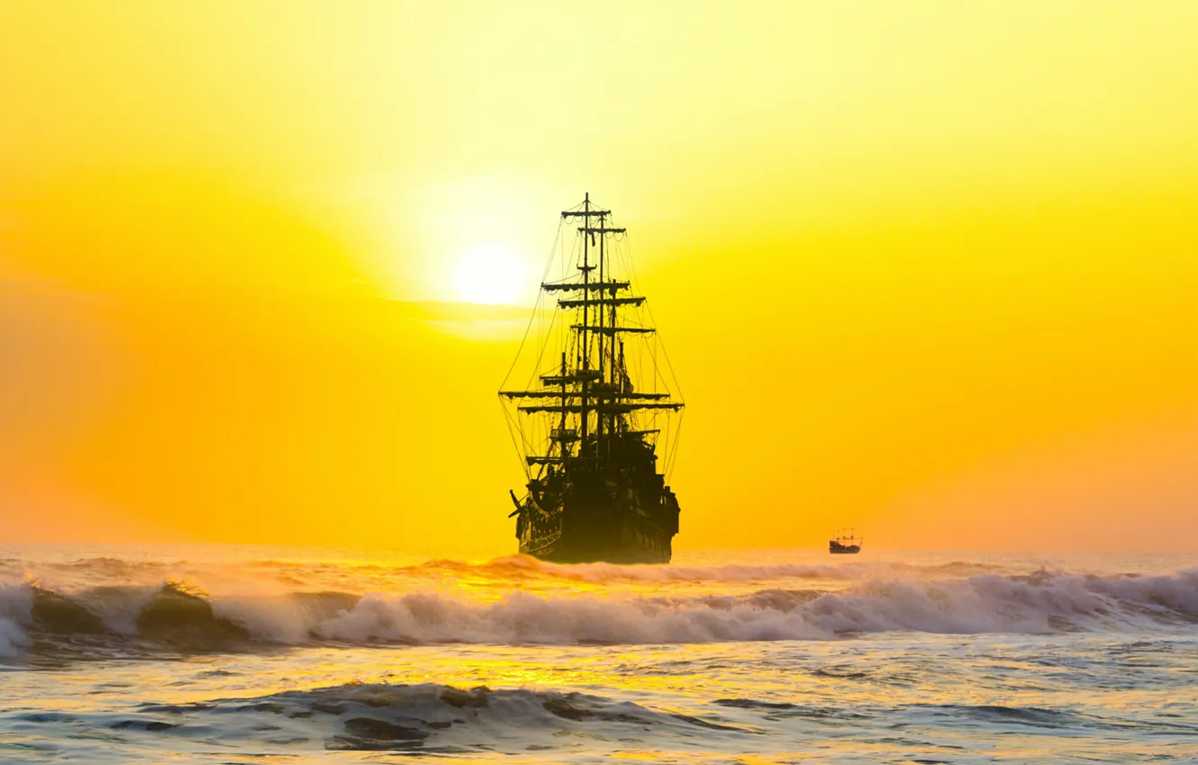 Photo wallpaper sea, sunset, ship