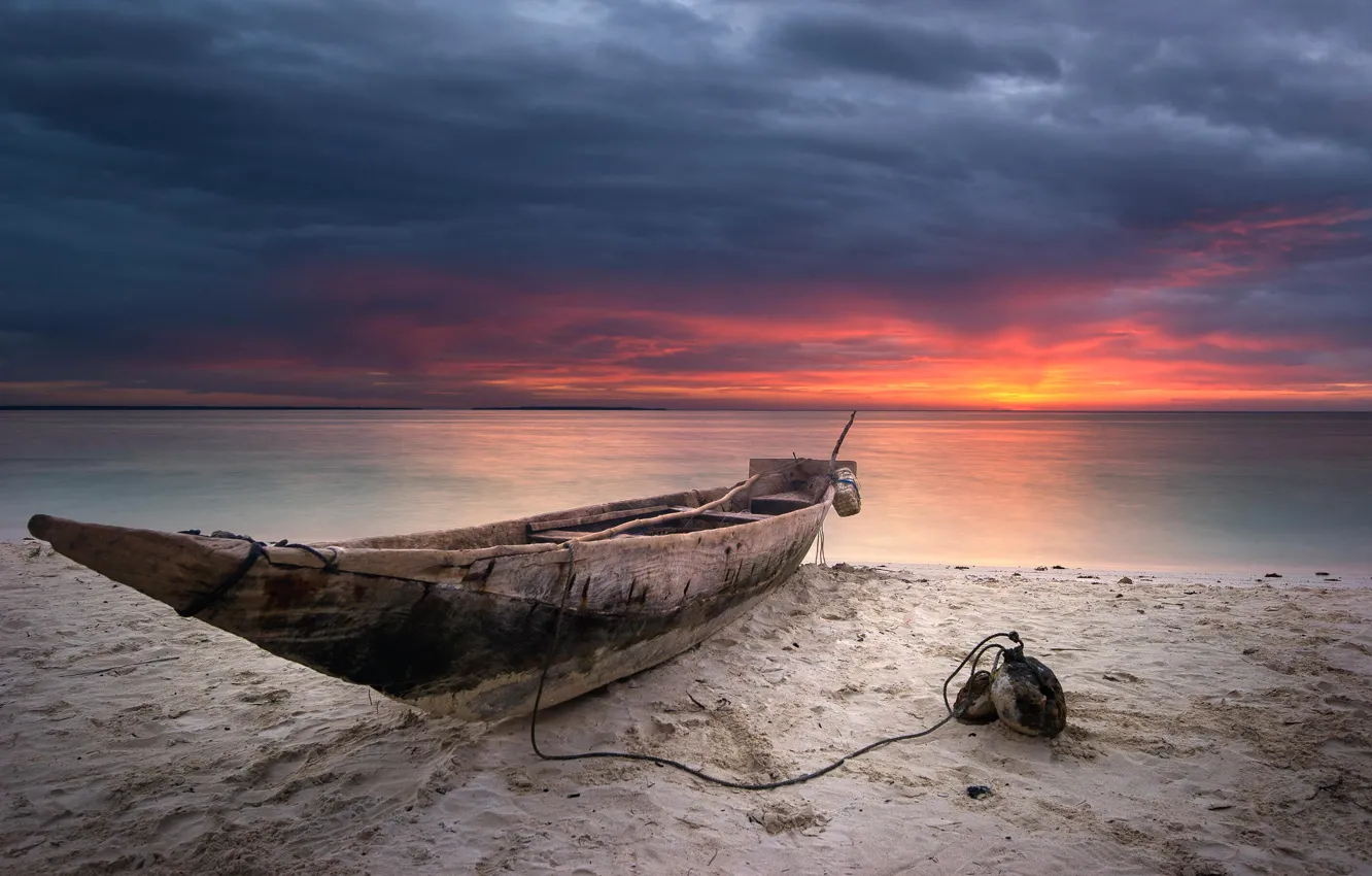 Photo wallpaper sand, sea, the sky, clouds, sunset, shore, boat
