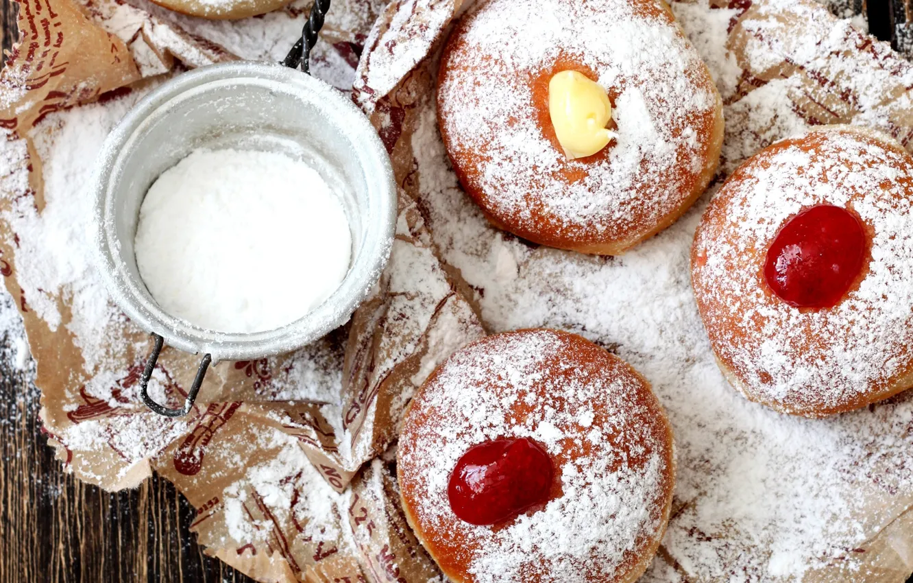 Photo wallpaper donuts, jam, powdered sugar
