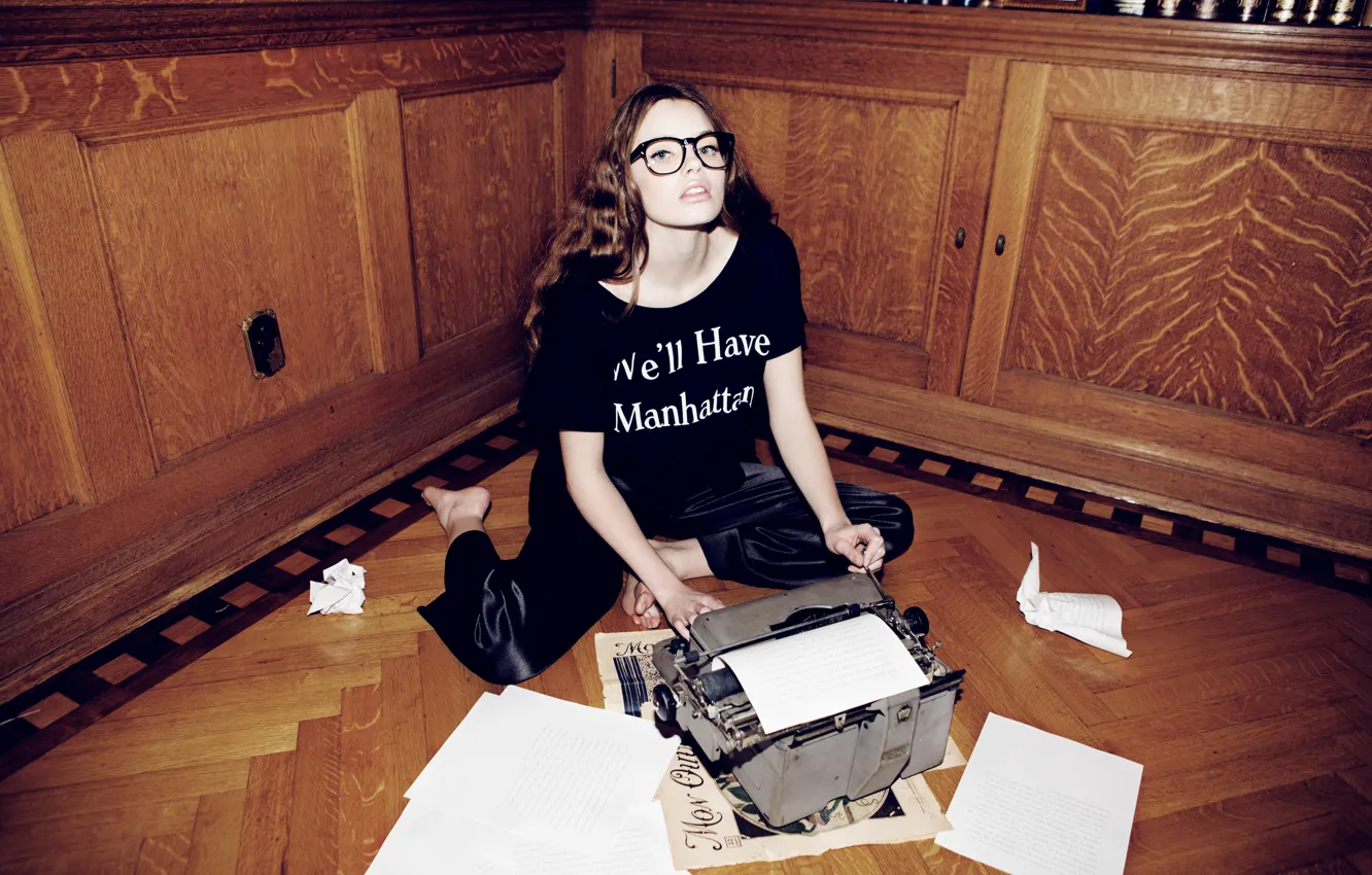 Photo wallpaper look, leaves, girl, paper, sweetheart, model, glasses, brown hair