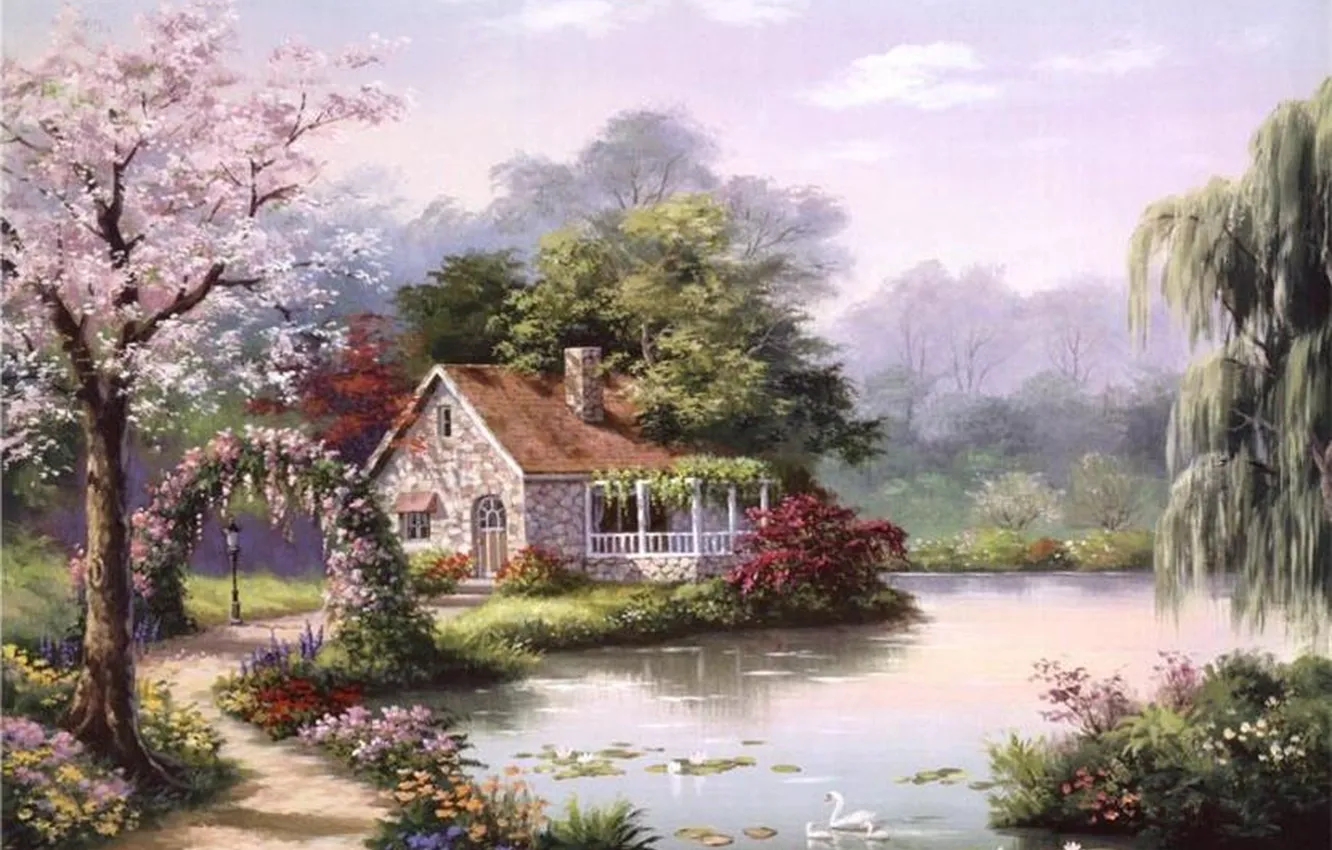 Photo wallpaper house, river, picture, painting, swans, painting, Sung Kim