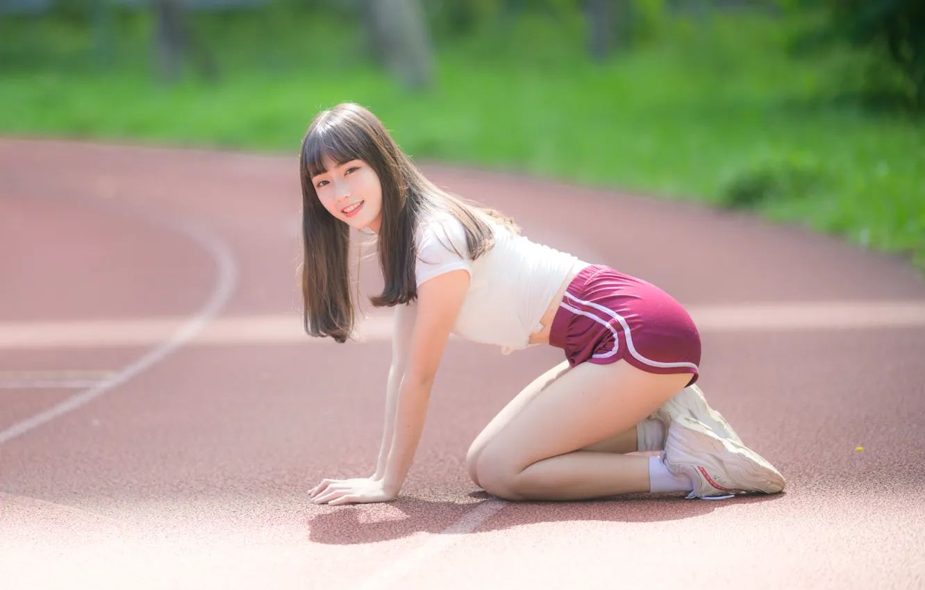 Photo wallpaper model, women, brunette, asian, shirt, short shorts, sneakers1, angela aei ting