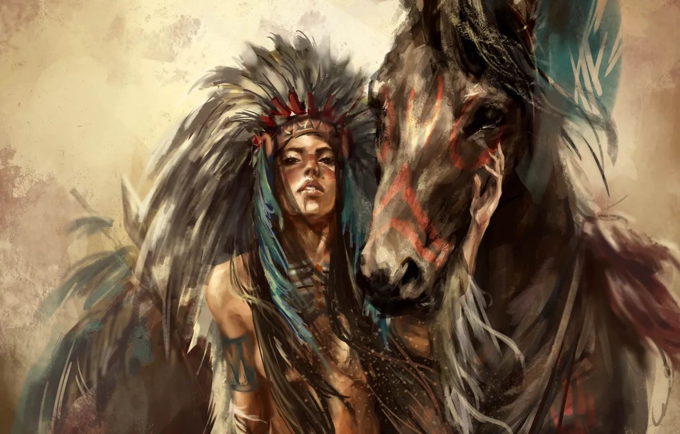 Photo wallpaper girl, horse, feathers, art