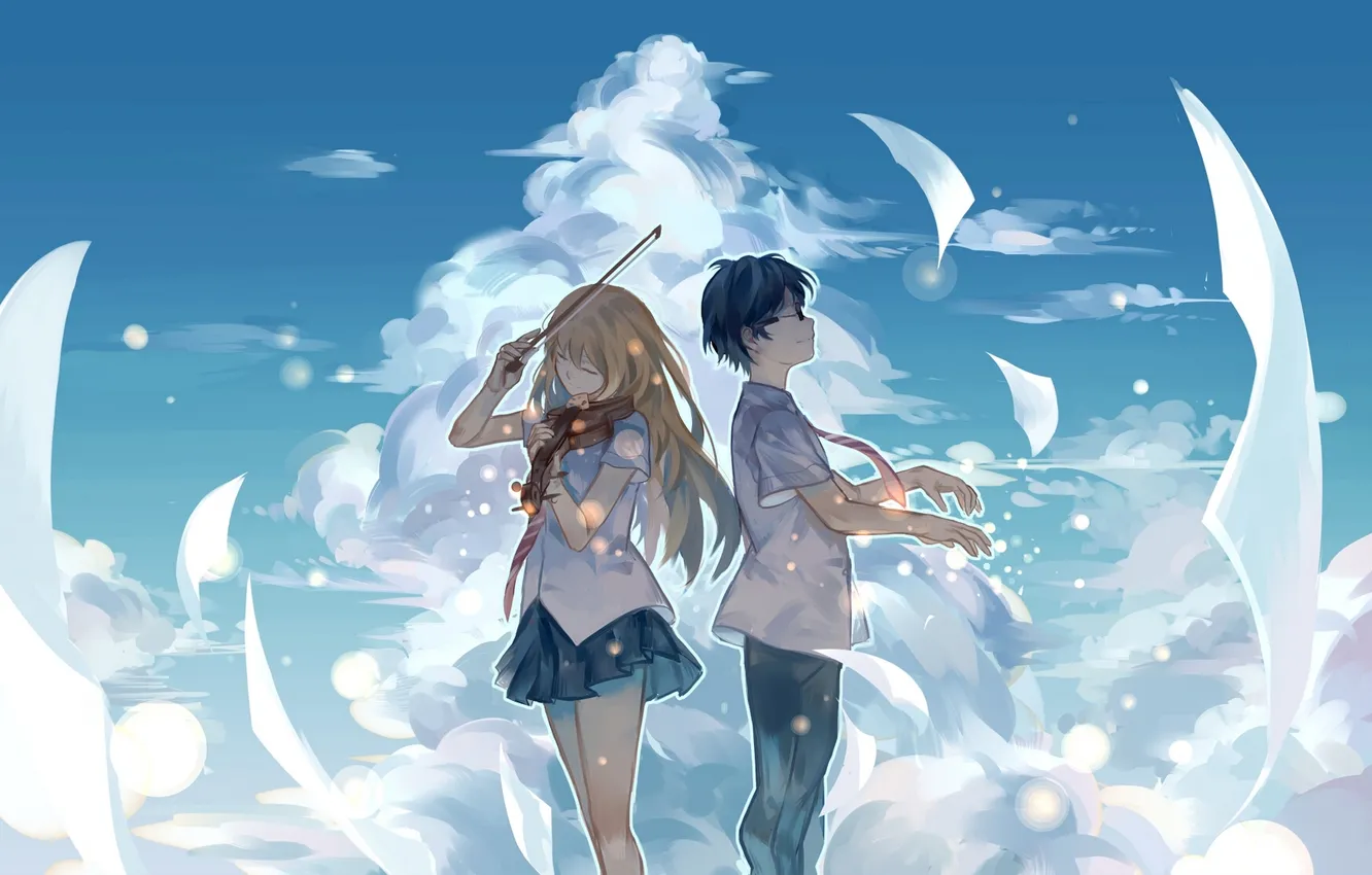 Photo wallpaper the sky, girl, clouds, violin, anime, art, glasses, guy