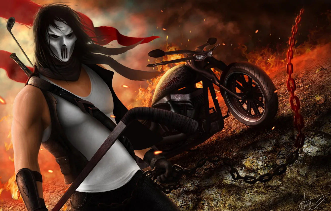 Photo wallpaper lights, mask, chain, motorcycle, biker, bike, guy, stick