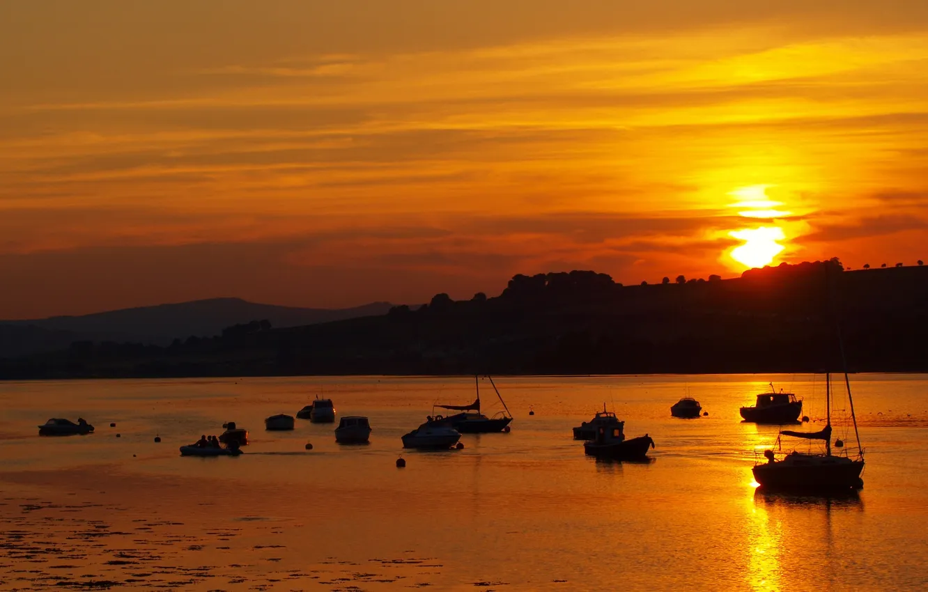 Photo wallpaper sea, water, sunset, boat