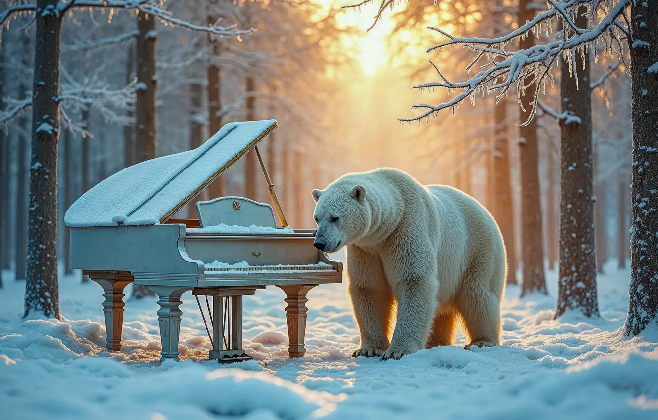 Photo wallpaper winter, forest, snow, piano, polar bear, neural network