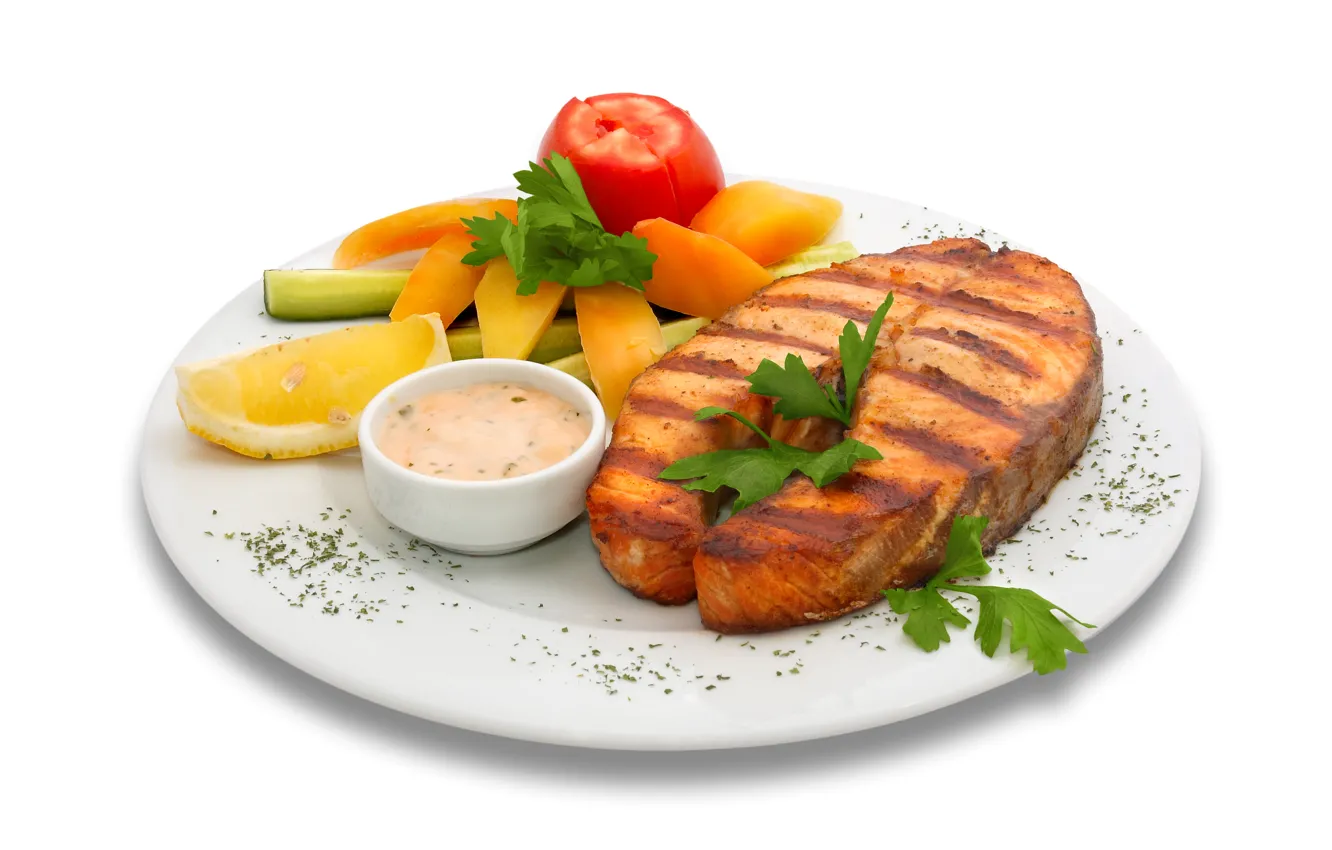 Photo wallpaper fish, plate, vegetables, sauce, dish, garnish