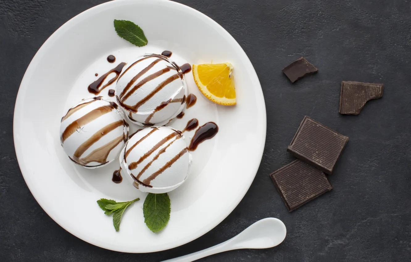 Photo wallpaper balls, the dark background, chocolate, plate, spoon, ice cream, mint, dessert