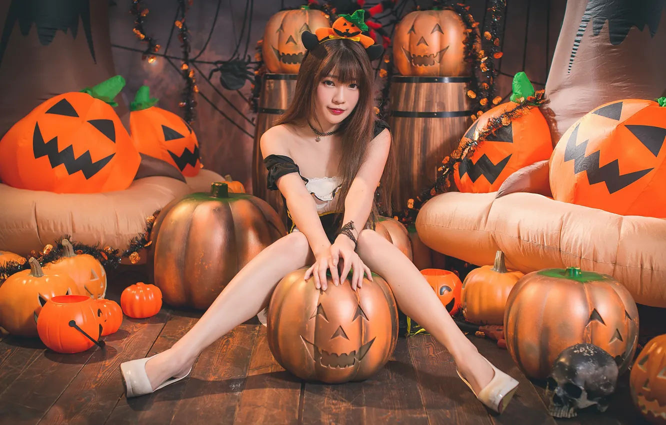 Photo wallpaper girl, skull, pumpkin, Halloween, Asian, 31 Oct