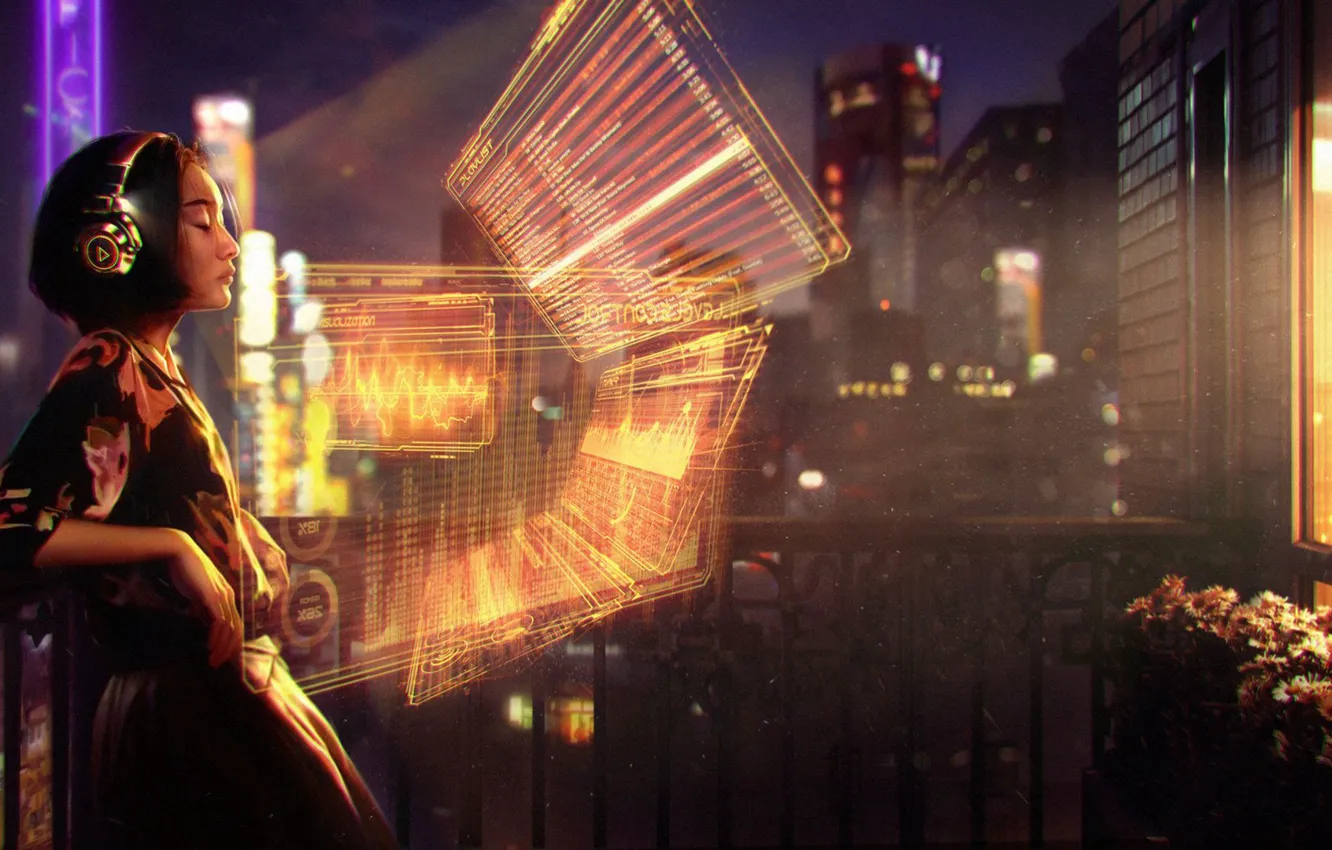 Photo wallpaper girl, night, the city, music, headphones, cyberpunk, hologram, Playlist