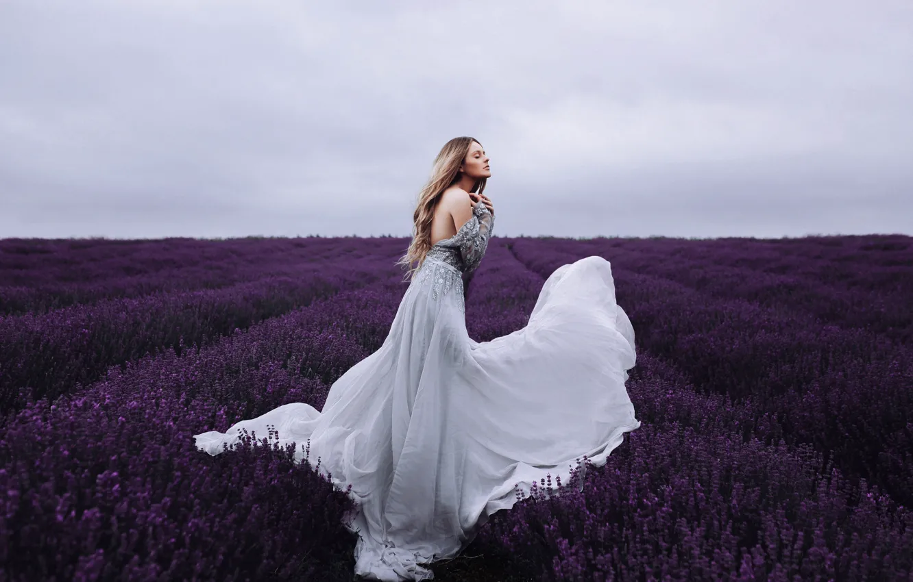 Photo wallpaper field, girl, mood, dress, lavender