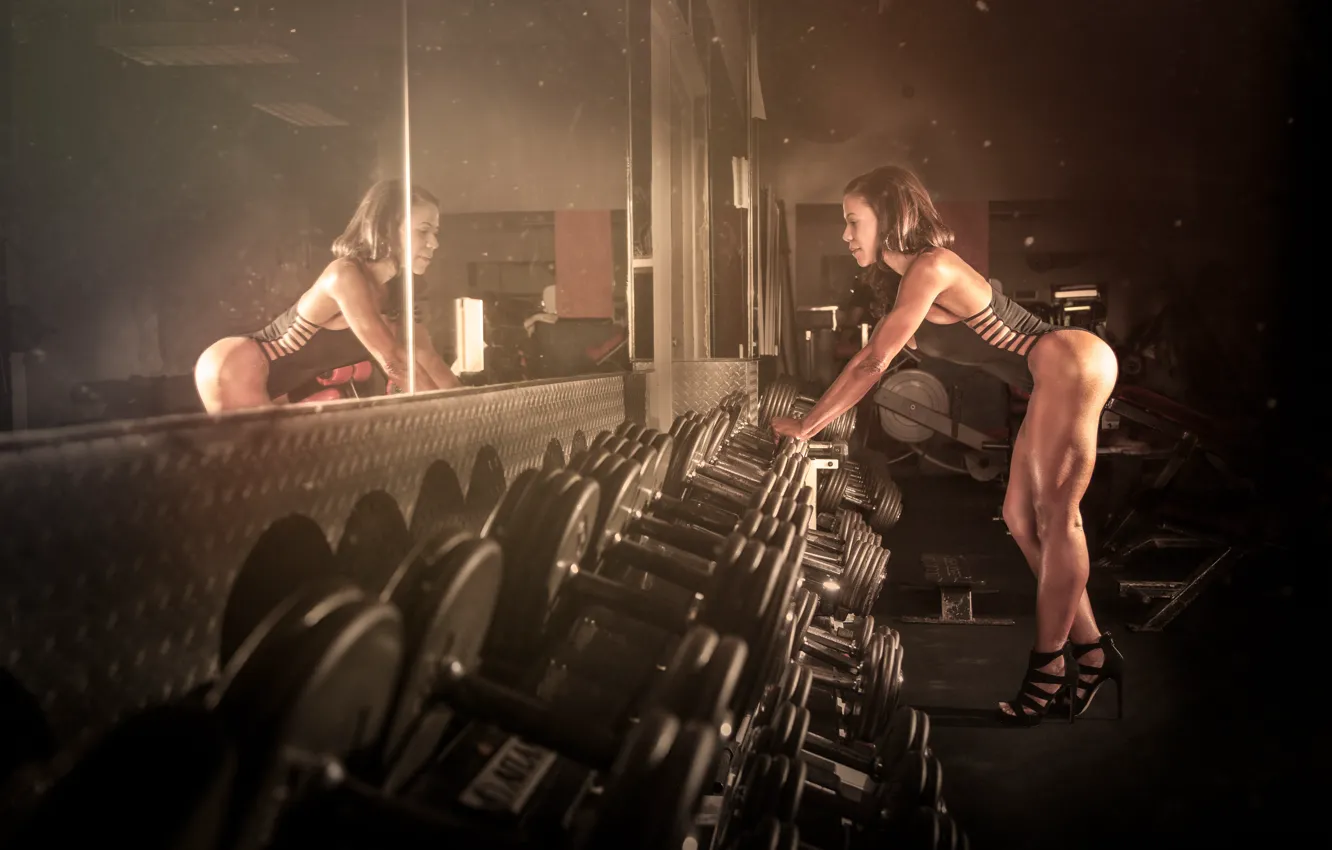 Photo wallpaper female, mirror, workout, fitness, trainning