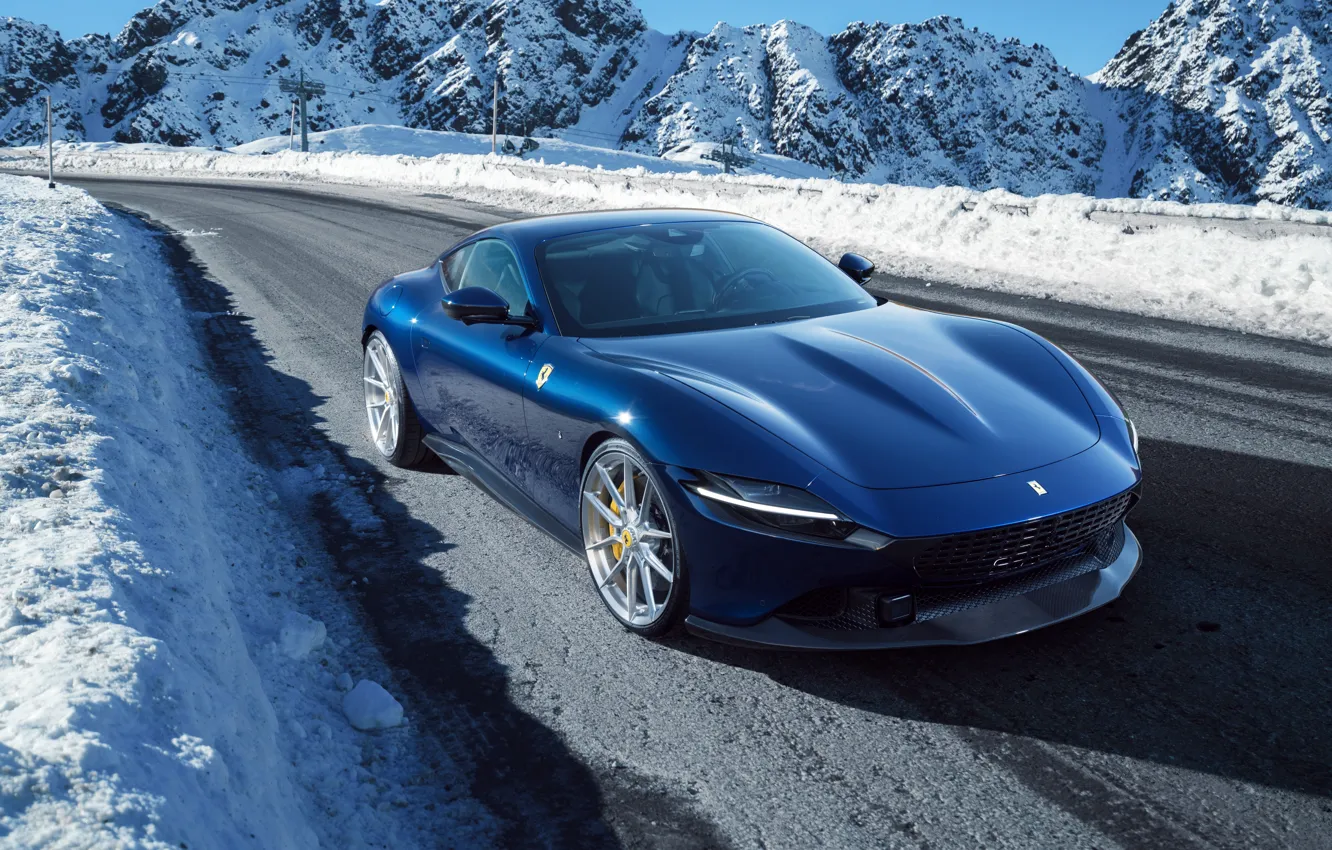 Photo wallpaper Road, Blue, Snow, Ferrari, Ferrari, Blue, Supercar, Sportcar