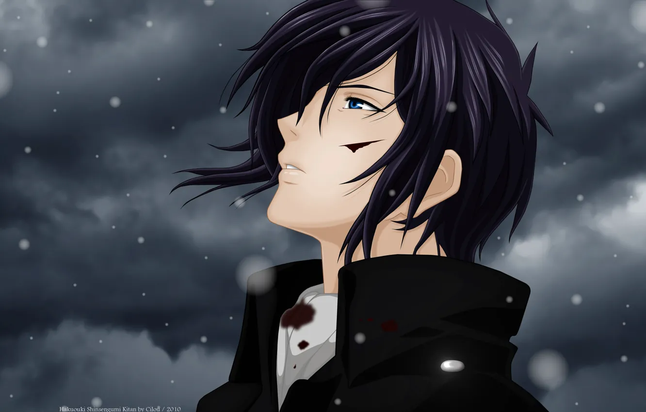 Photo wallpaper snow, clouds, blood, cut, guy, art, Hakuouki, Saitou Hajime