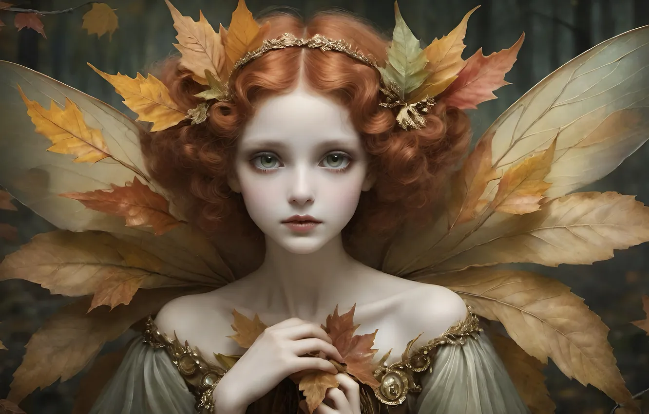 Photo wallpaper autumn, leaves, girl, fantasy, Princess, redhead, nymph, AI art