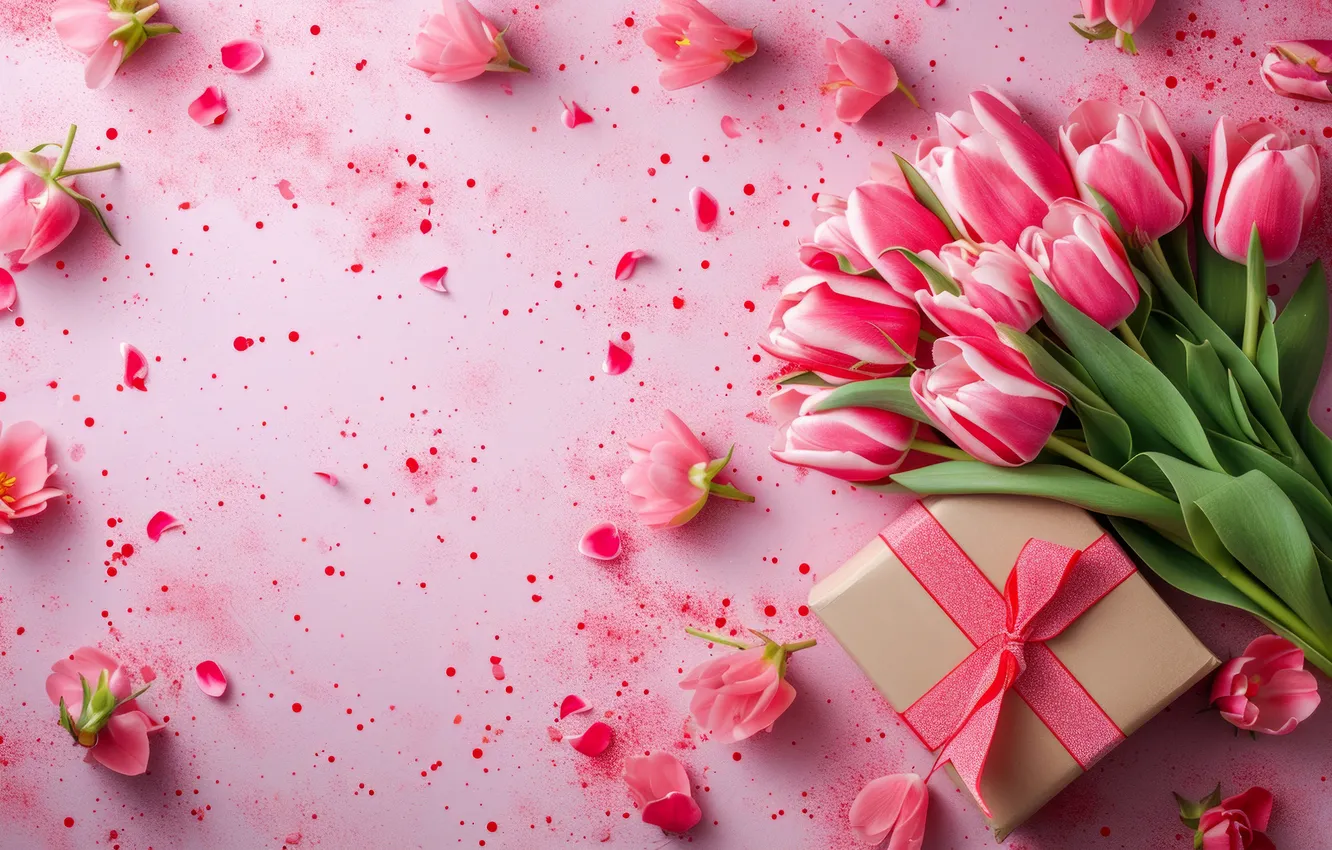 Photo wallpaper flowers, holiday, bouquet, spring, tulips, AI art, universal holiday background, neural network