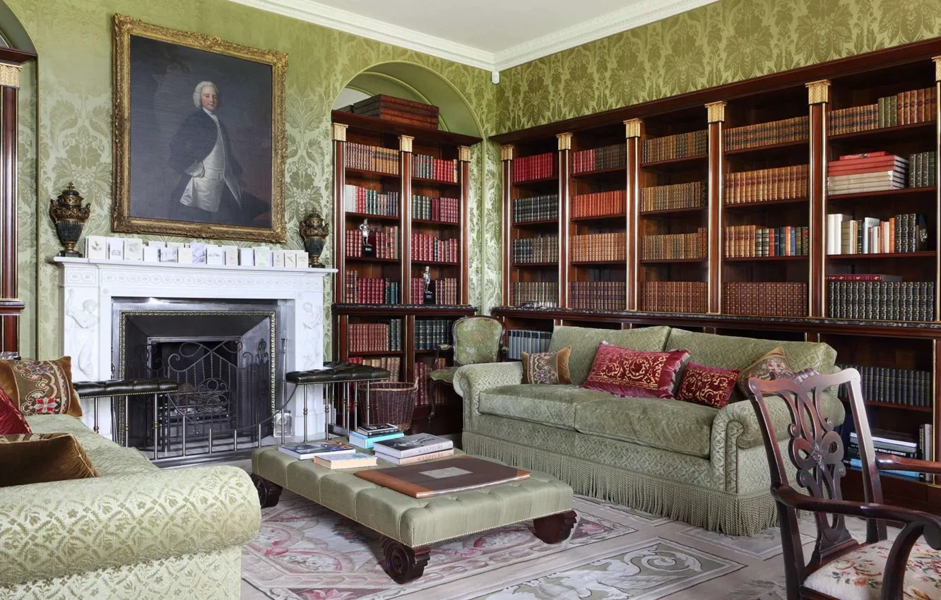 Photo wallpaper design, interior, fireplace, library, living room, English style