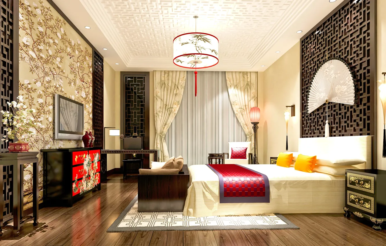 Photo wallpaper design, style, China, interior, style, bedroom, bedroom, element