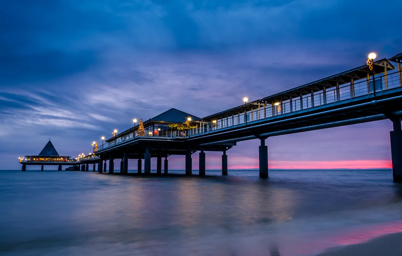 Photo wallpaper sea, the sky, light, sunset, blue, clouds, bridge, lights