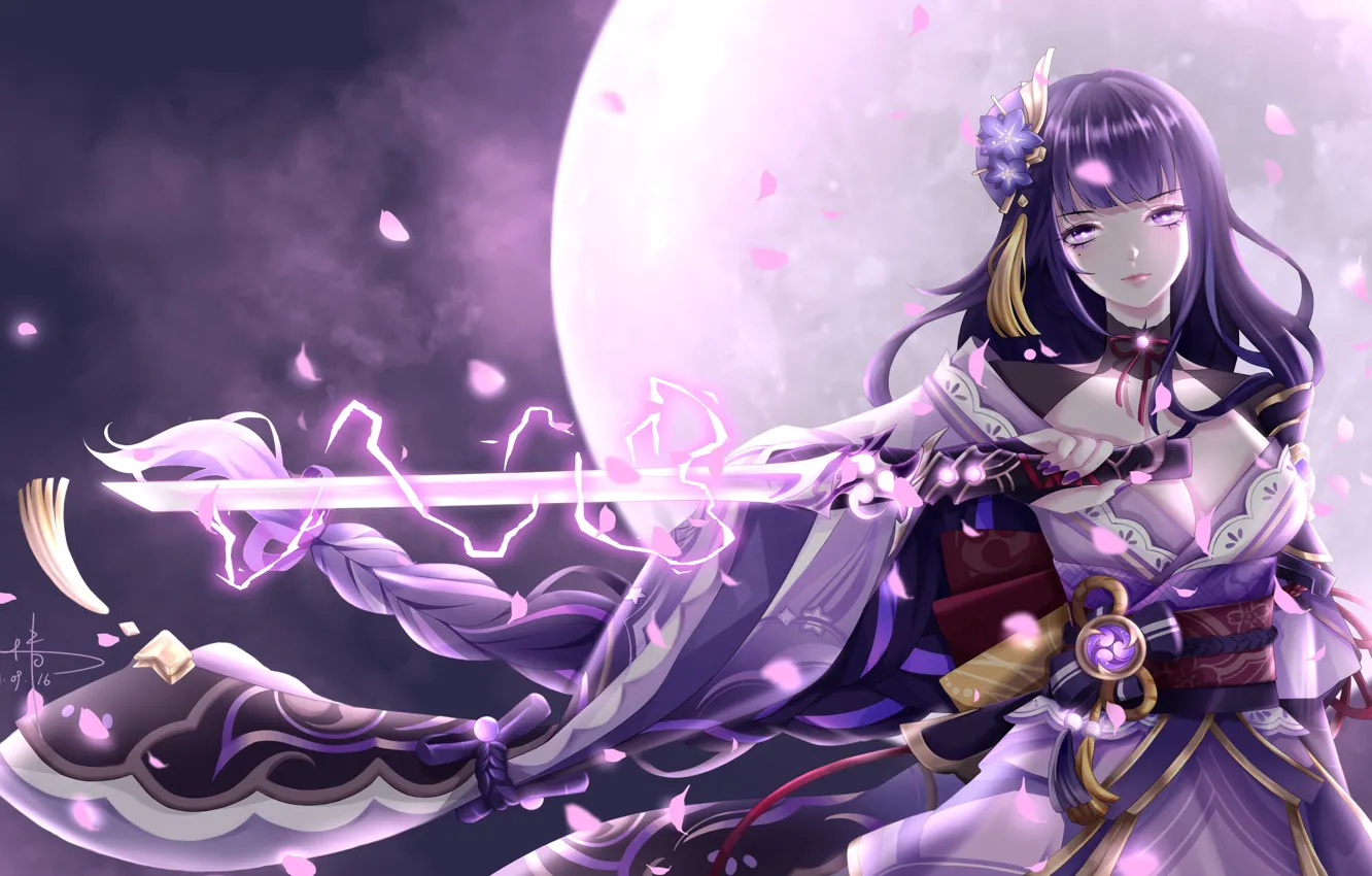 Photo wallpaper girl, night, the moon, lightning, sword, fantasy, Genshin Impact, Raiden Shogun