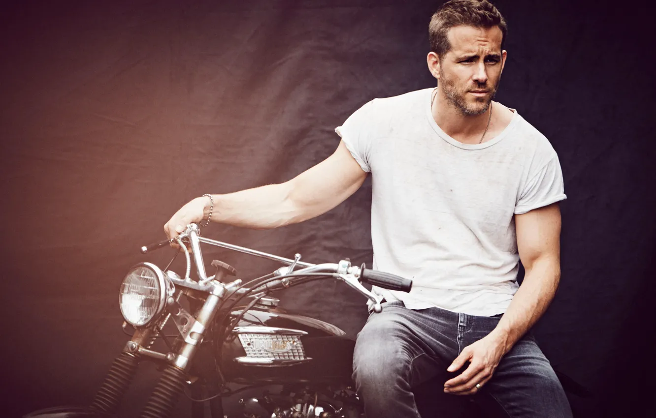 Photo wallpaper background, jeans, t-shirt, motorcycle, actor, Ryan Reynolds, Ryan Reynolds, journal