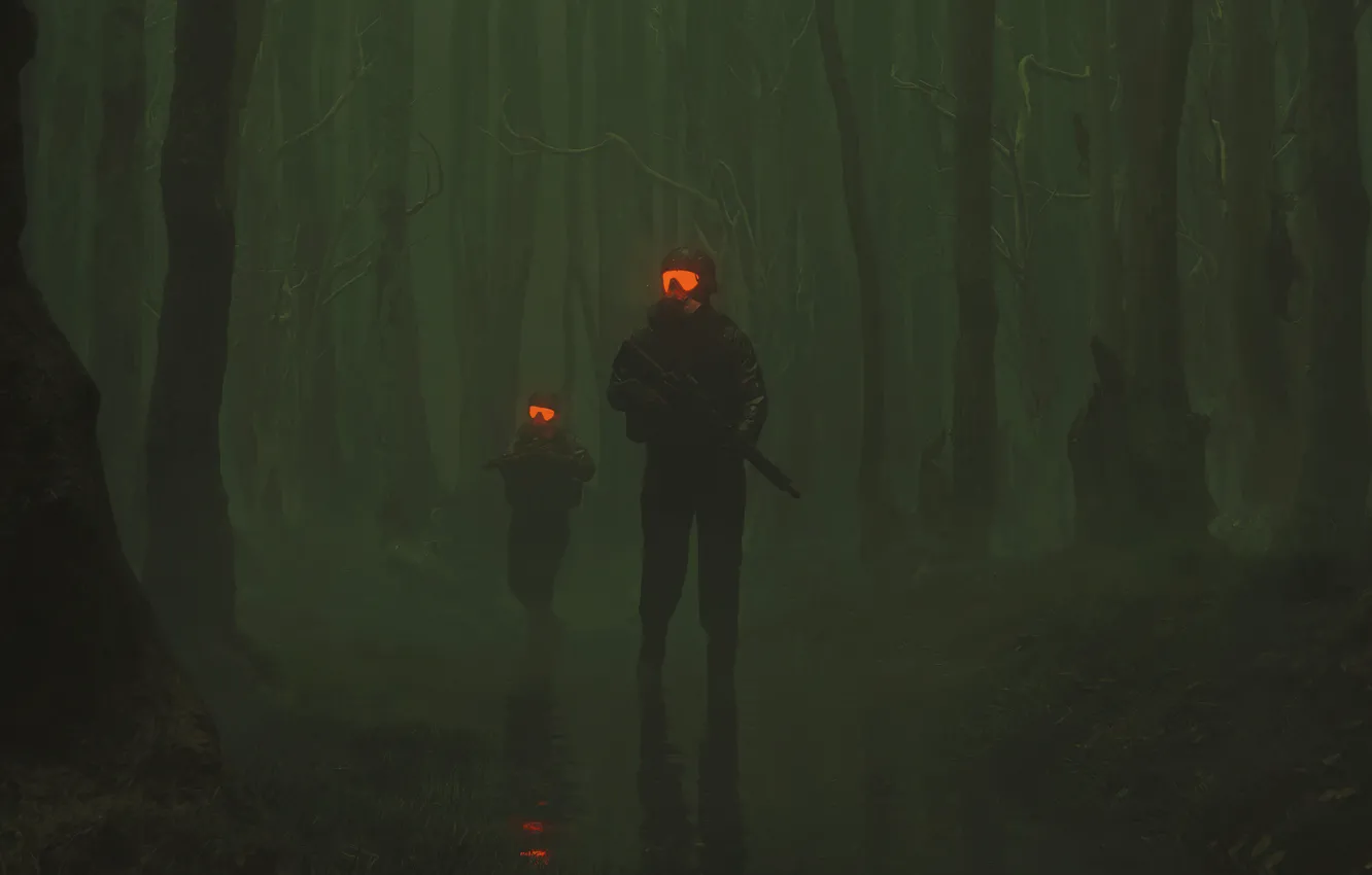 Photo wallpaper Fog, Forest, Art, Fiction, Oblivious Seekers, A soldier in the fog