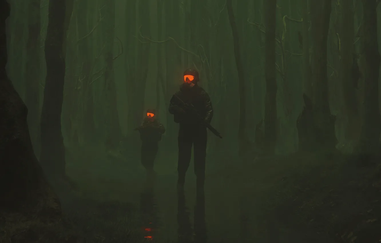 Photo wallpaper forest, fog, fiction, art, Oblivious Seekers, A soldier in the fog