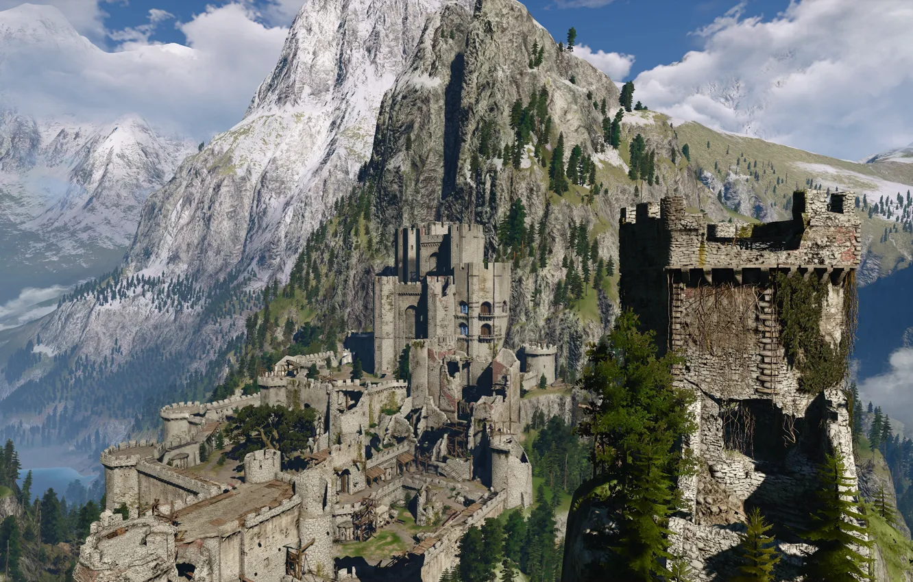 Photo wallpaper forest, mountains, castle, the witcher 3 wild hunt, Kaer Morhen