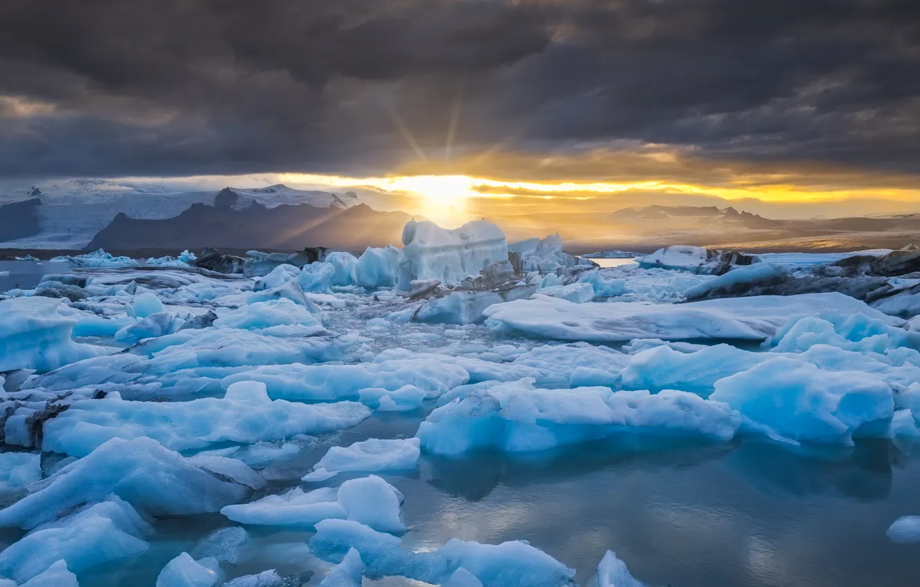 Photo wallpaper ice, winter, the sky, the sun, rays, snow, mountains, clouds