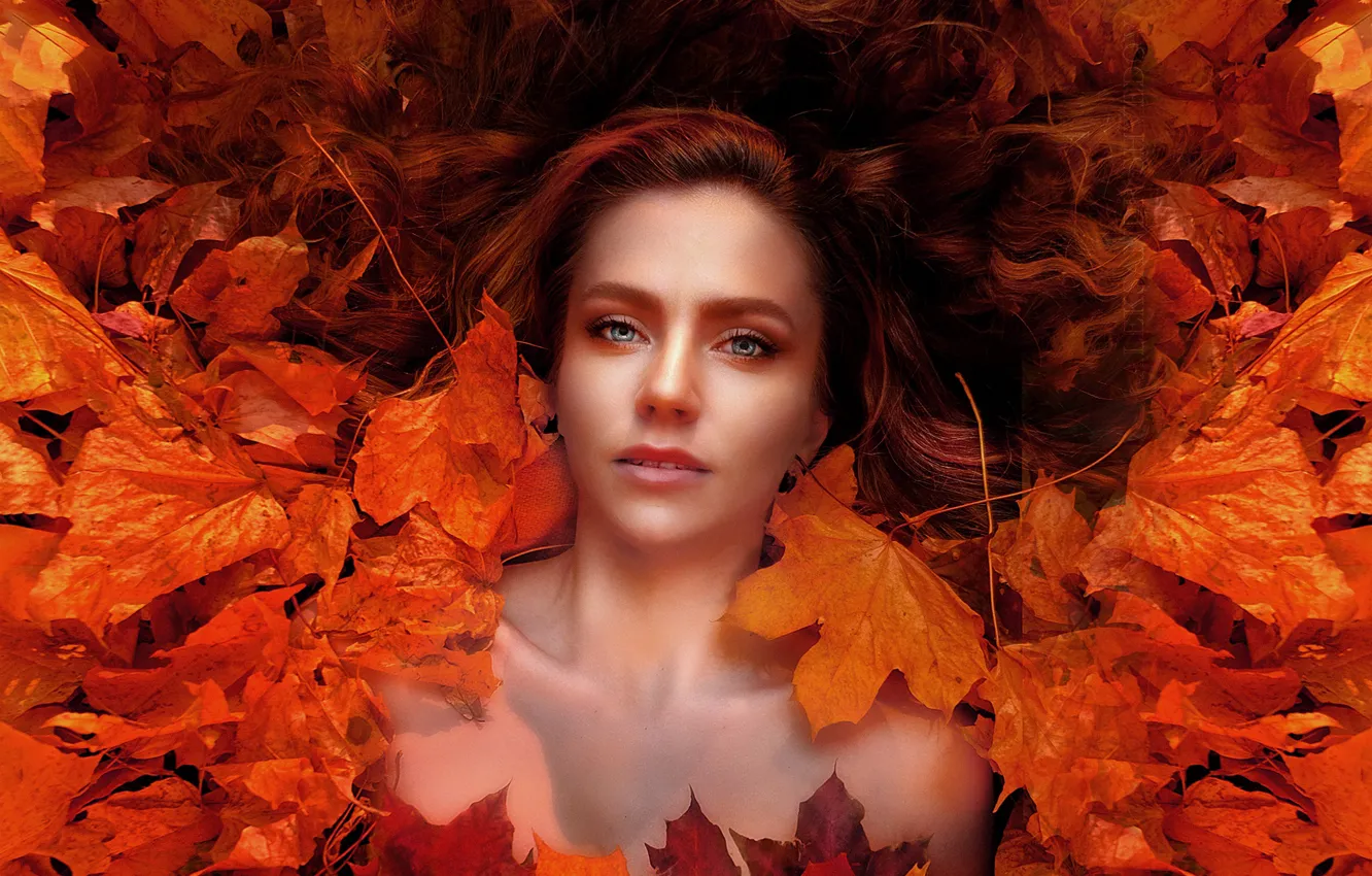 Photo wallpaper autumn, look, girl, face, mood, hair, makeup, maple leaves