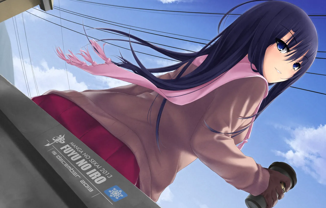 Photo wallpaper girl, street, scarf, art, drink, sitting, Eliora Frostine, Fuyu no Iro