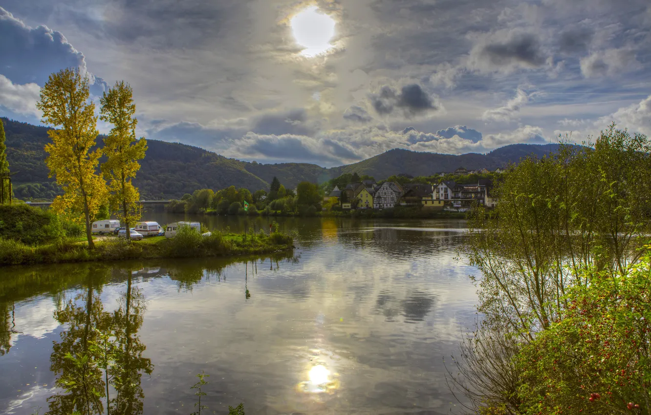 Photo wallpaper forest, mountains, clouds, river, Germany, town, Elm
