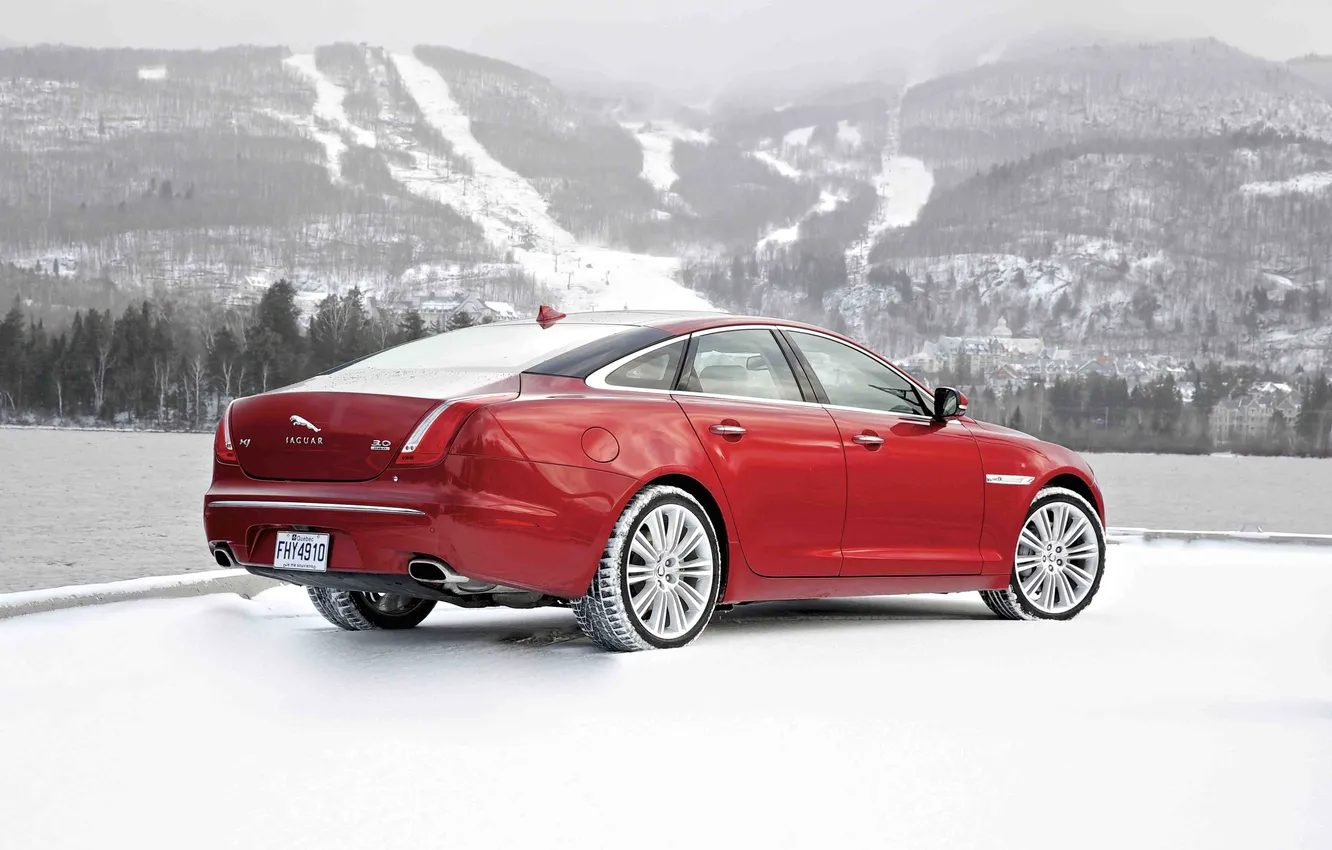 Photo wallpaper winter, auto, snow, red, Jaguar