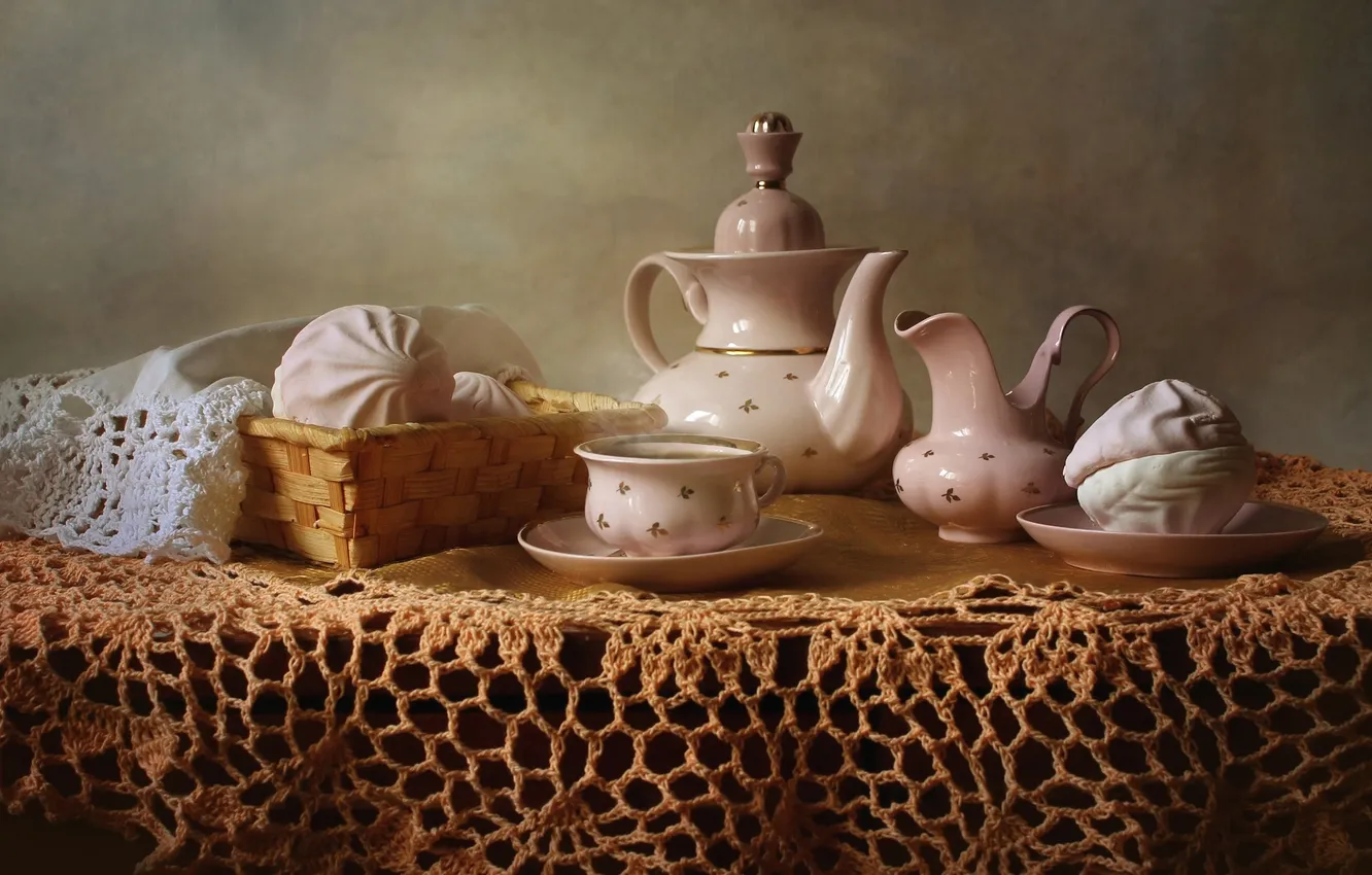 Photo wallpaper tea, dishes, tablecloth, set, marshmallows