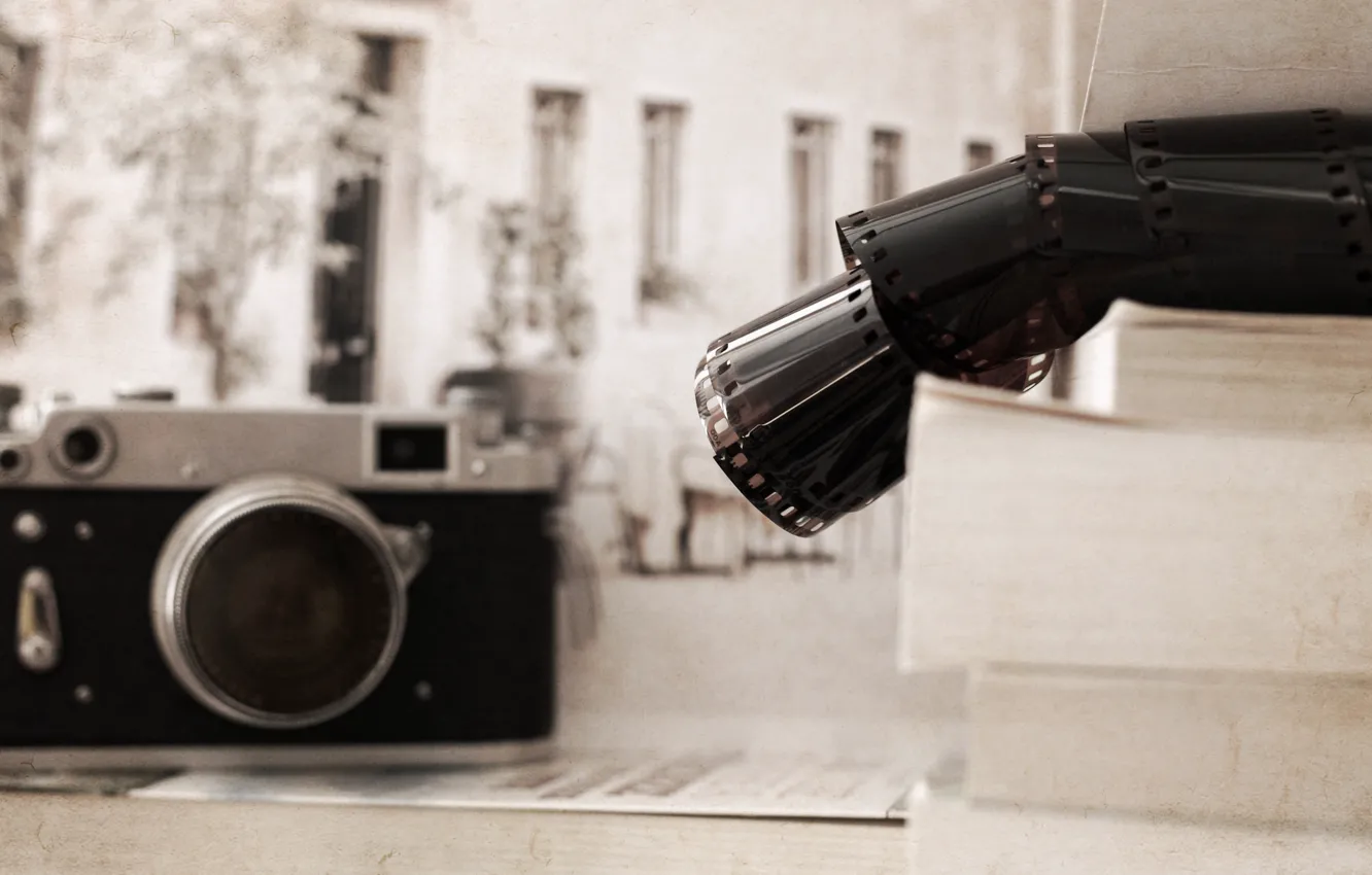 Photo wallpaper retro, the camera, book, piano, items, style, retro, camera