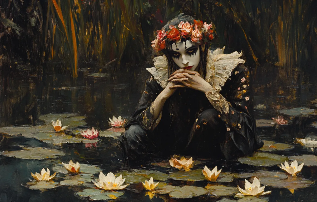 Photo wallpaper look, girl, flowers, pose, lake, pond, the dark background, people