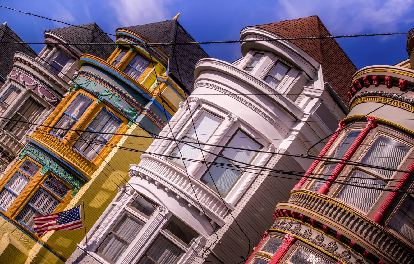 Photo wallpaper wire, Windows, building, home, flag, CA, San Francisco, California